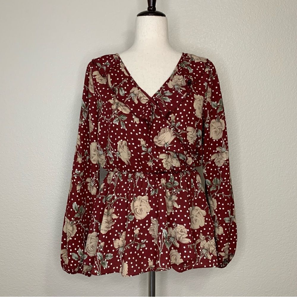 Jessy B Maroon Polka Dot Floral Wrap Top, Sz Medium